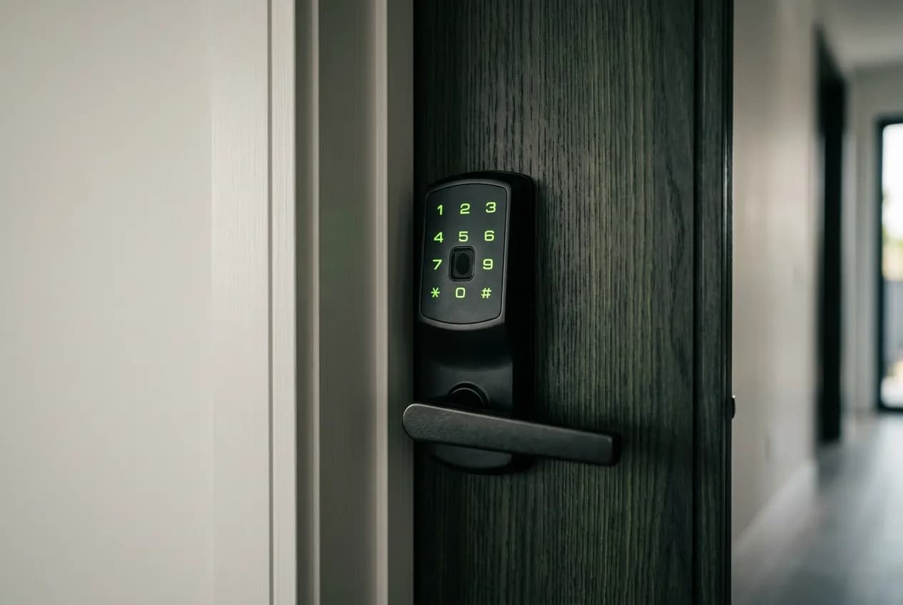 Serrure connectée Dahua ASL2101S à clavier tactile posée sur une porte blindée de villa à Agadir