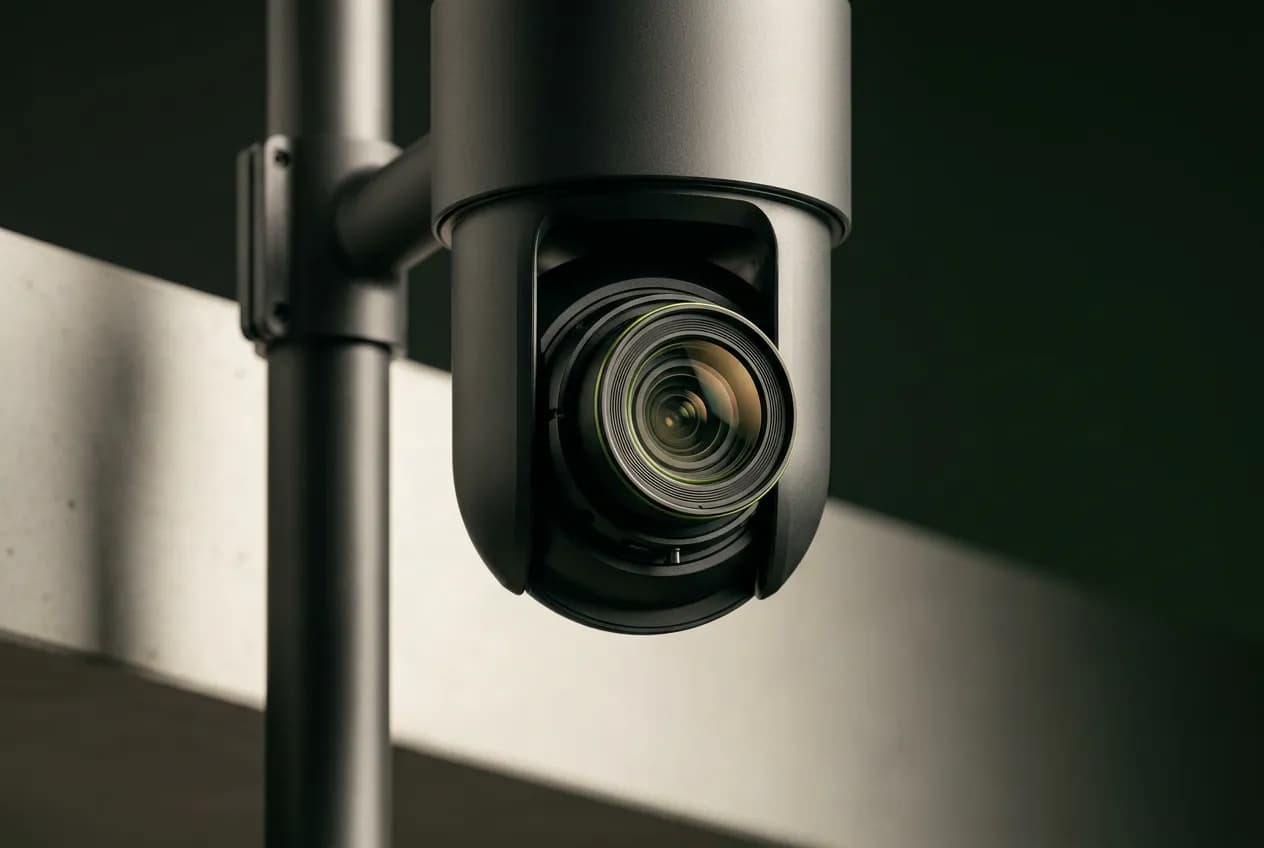 Caméra PTZ dôme motorisée Hikvision sur mât, fond neutre