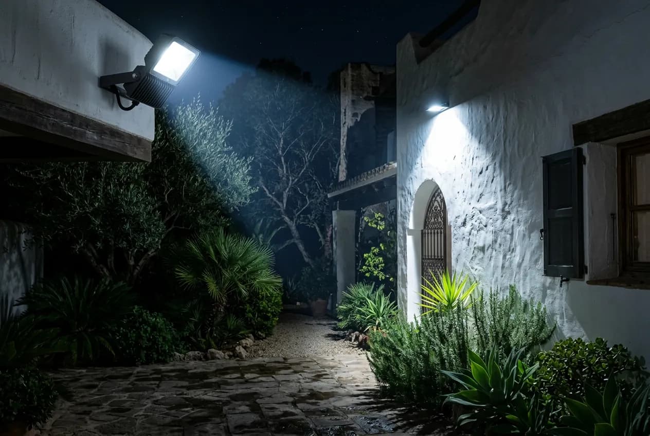 Projecteur LED à détection fixé sur la façade d'une villa éclairant l'allée la nuit à Agadir