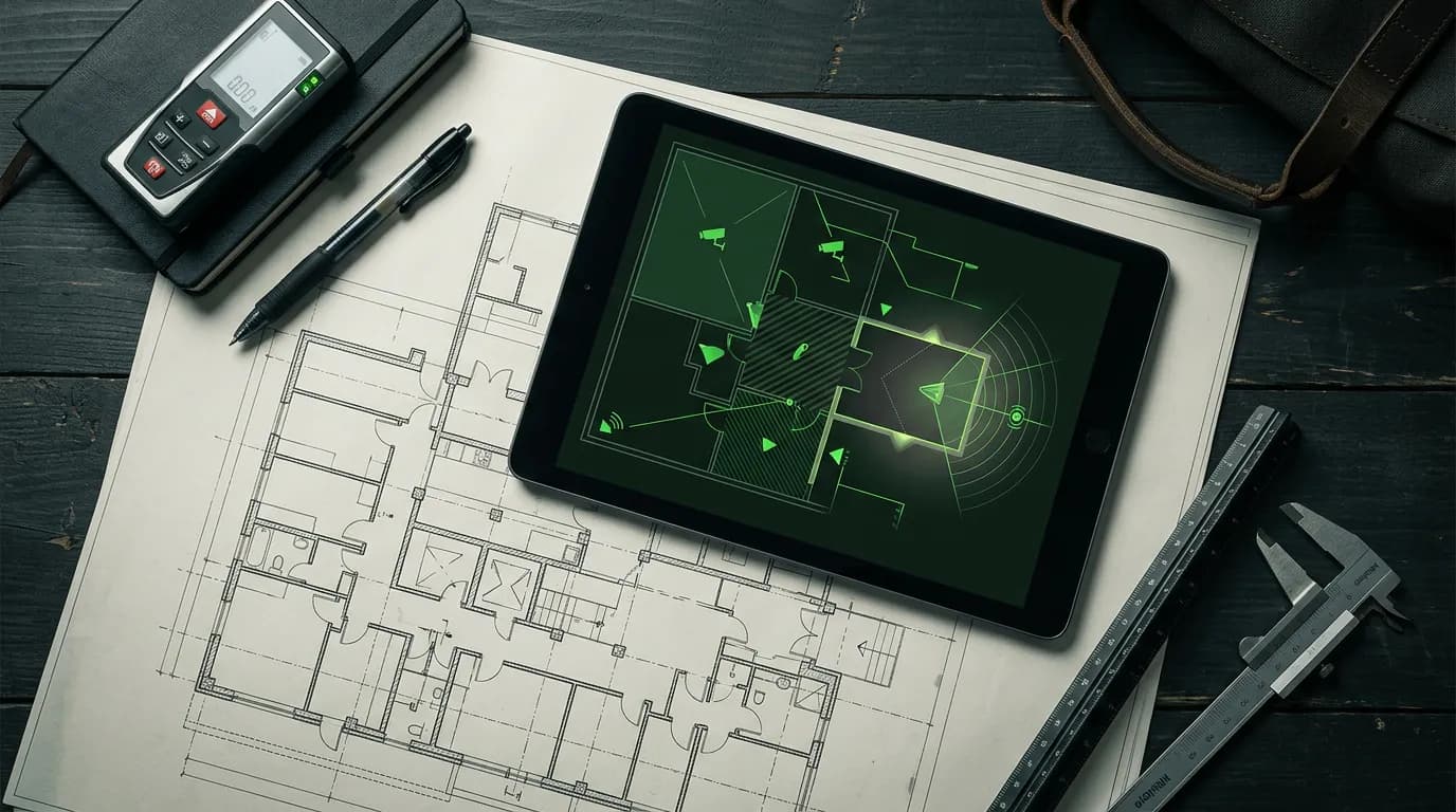 Technicien Secu Agadir réalisant un audit de sécurité et cartographiant les points d'entrée d'une villa à Founty, Agadir