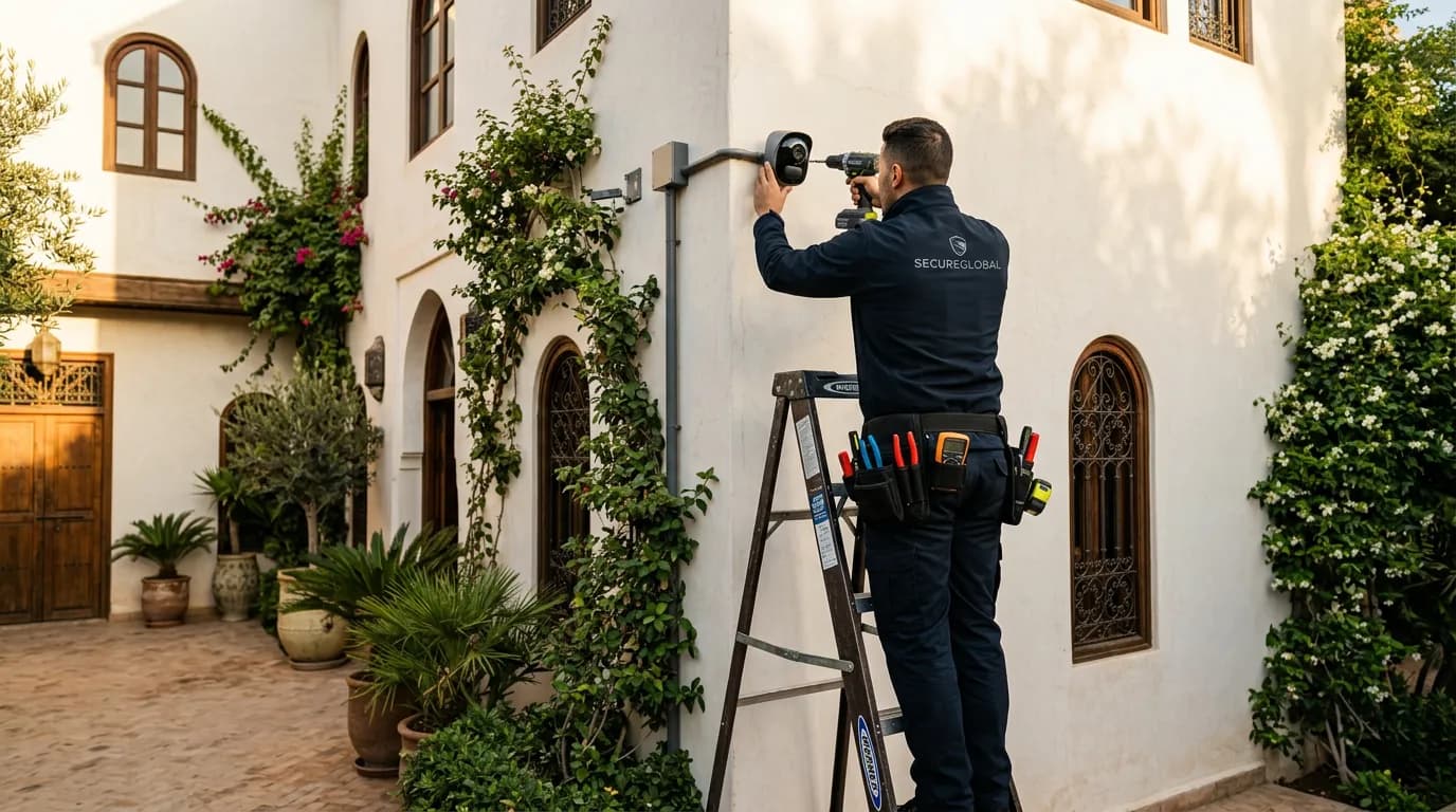Technicien Secu Agadir certifié posant une centrale d'alarme Ajax dans une villa à Agadir