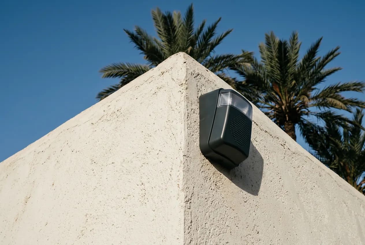 Sirène extérieure Paradox PMD2 avec stroboscope fixée en hauteur sur la façade d'une villa à Agadir