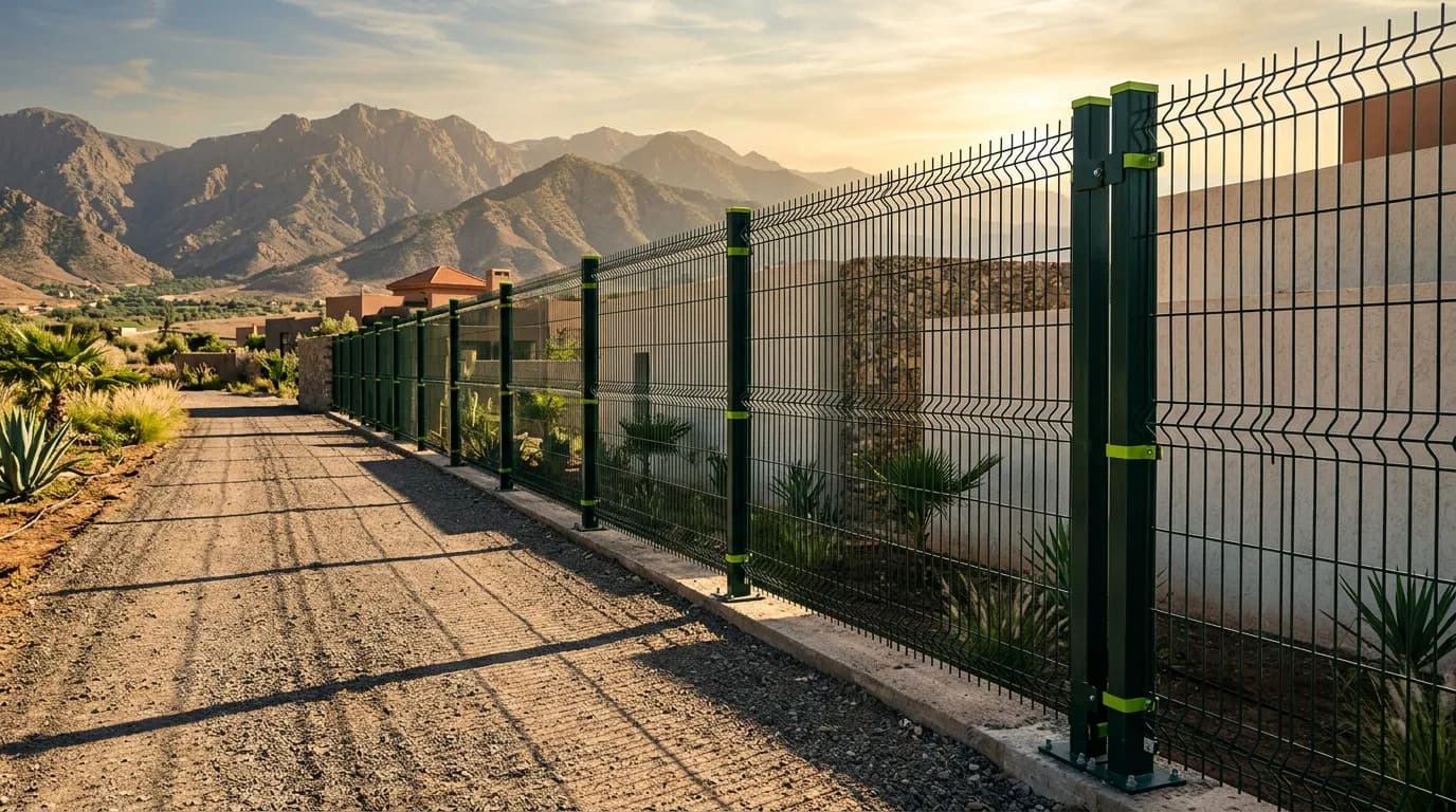 Grillage rigide soudé thermolaqué vert sur poteaux fermant le périmètre d'une villa à Agadir