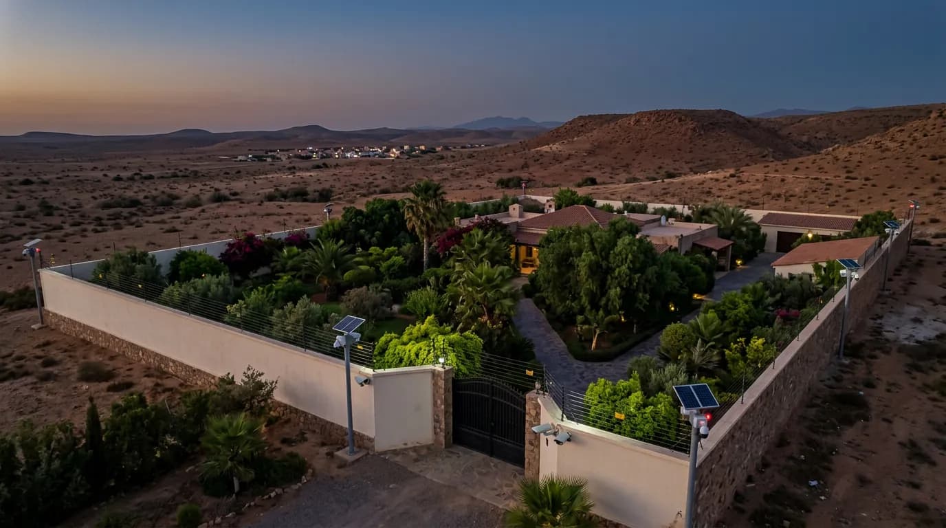 Clôture électrique et barrières infrarouges autour du mur d'enceinte d'une villa à Agadir