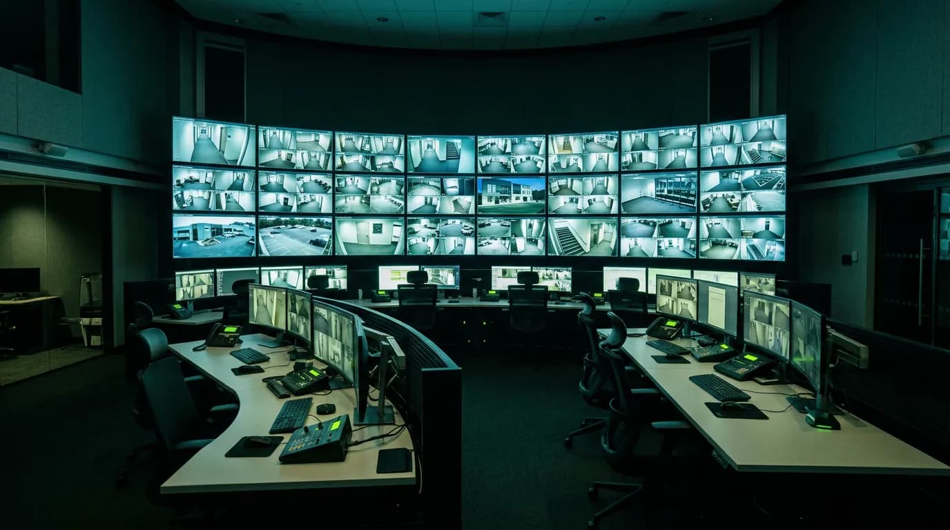 Centre de télésurveillance avec opérateurs et écrans de caméras